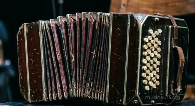 Bandoneón con fuelle extendido y botones de nácar en primer plano
