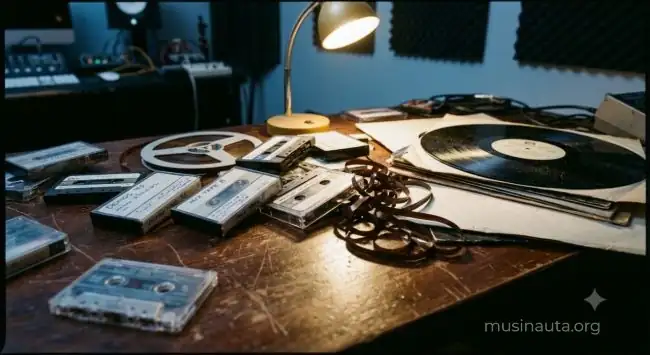 Cintas de cassette y vinilos apilados sobre una mesa de estudio de grabación de los años 80