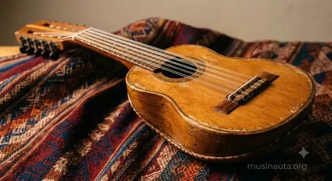 Charango andino con caja de resonancia curva y cuerdas de nylon dobles