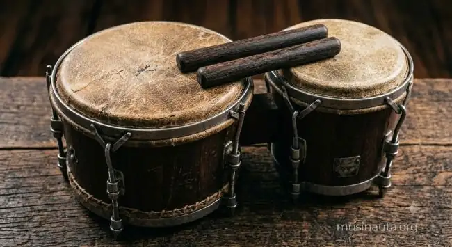 Clave de madera y bongó de cuero visto de cerca sobre superficie de madera