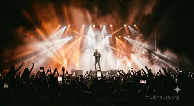 Multitud con brazos levantados y luces de dispositivos móviles en concierto nocturno
