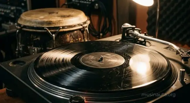 Disco de vinilo girando junto a un tambor conga en un estudio de grabación