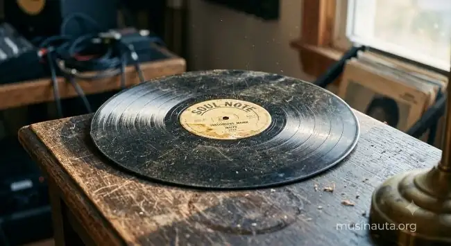 Disco de vinilo antiguo de un sello discográfico costeño sobre mesa de madera