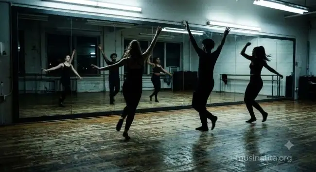 Siluetas de bailarines jóvenes ensayando coreografía frente a un espejo de estudio