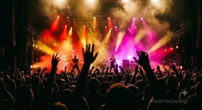 Escenario de concierto con luces de colores y siluetas de multitud en primer plano