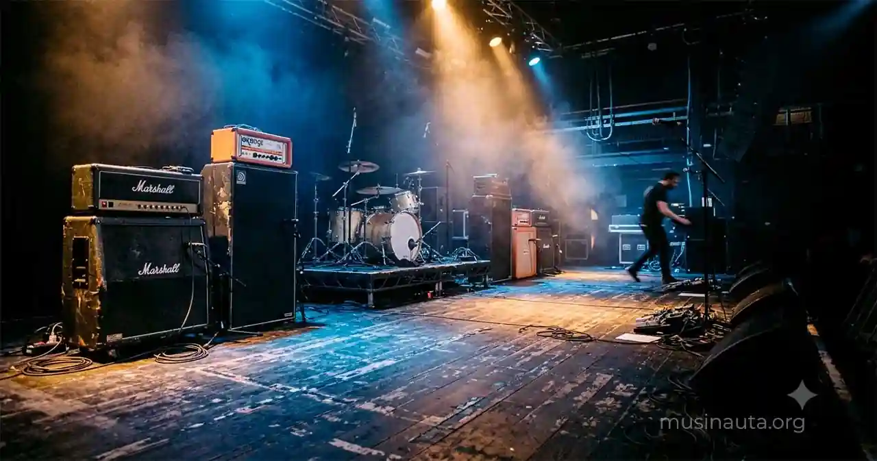 Escenario de rock vacío con luces de contraste azul y ámbar antes de un show