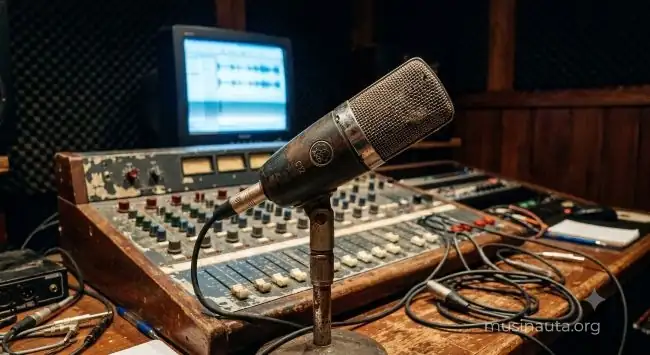 Micrófono de estudio vintage frente a una consola de mezcla iluminada en tonos cálidos en una habitación pequeña