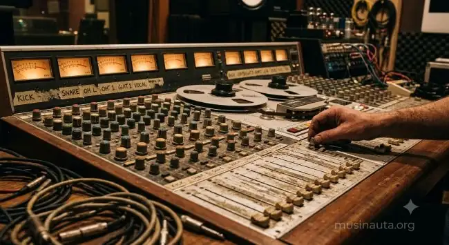 Consola de grabación analógica vintage con cinta abierta y luces de VU-metro encendidas