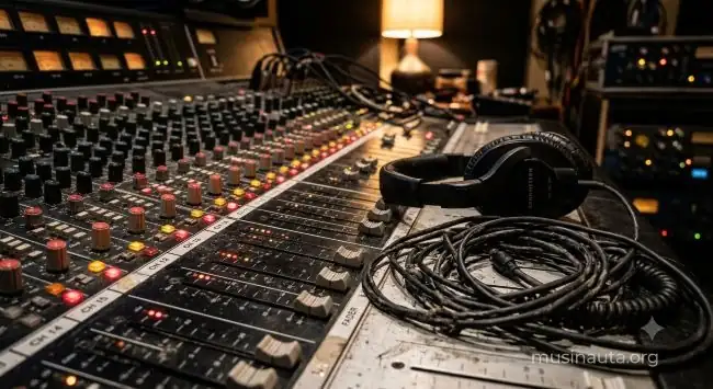Consola de mezcla de estudio con luces indicadoras encendidas y auriculares apoyados sobre la mesa