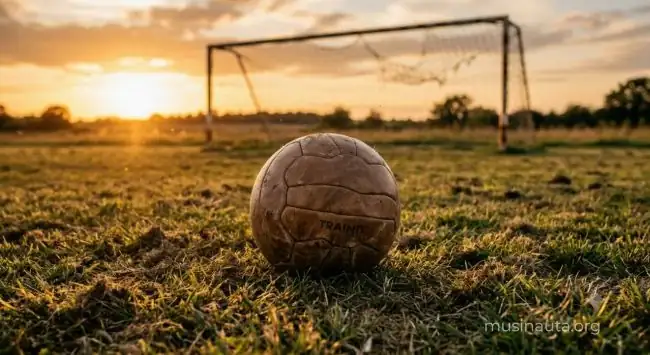 Balón de fútbol desgastado sobre césped de una cancha vacía al atardecer con luz dorada rasante