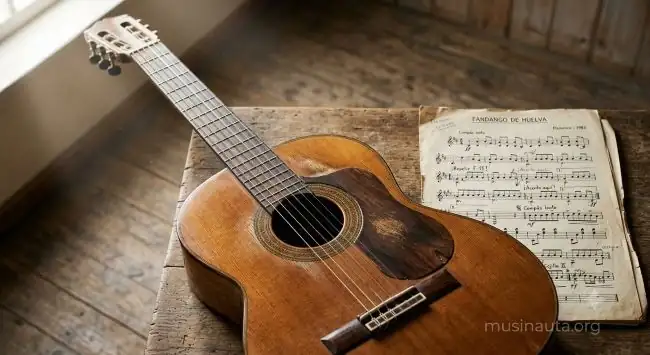 Guitarra flamenca apoyada junto a una partitura manuscrita sobre una mesa de madera con luz de estudio