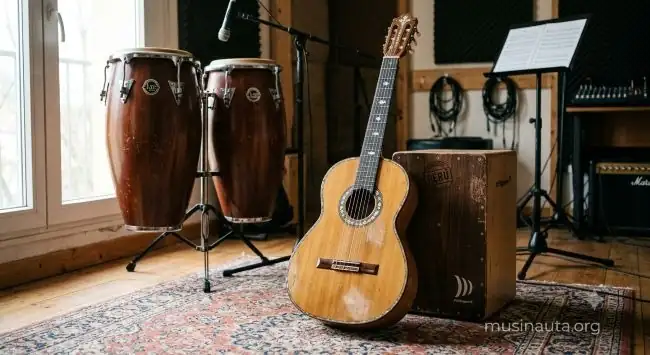 Guitarra flamenca junto a cajón peruano y congas en sesión de fusión musical