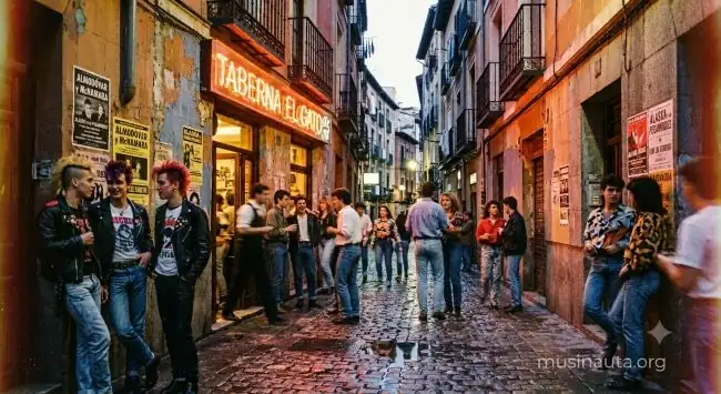 Calle de Madrid de los años 80 con fachadas de bares y luces de neón encendidas al anochecer