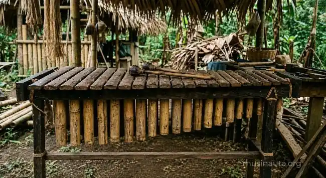 Marimba de chonta con tubos de bambú y baquetas de madera sobre soporte artesanal