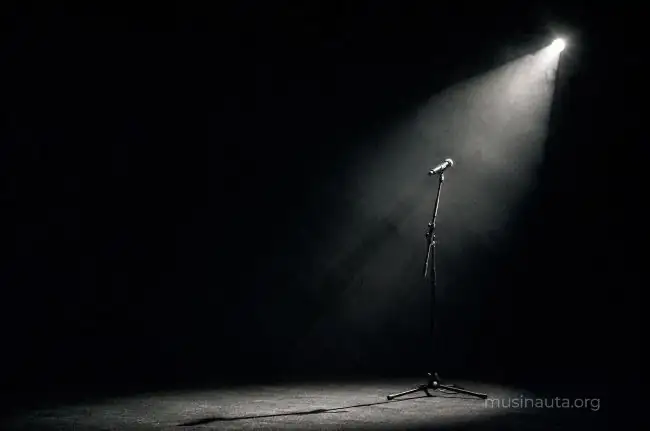 Micrófono de escenario iluminado por un único foco blanco frente a un fondo completamente oscuro
