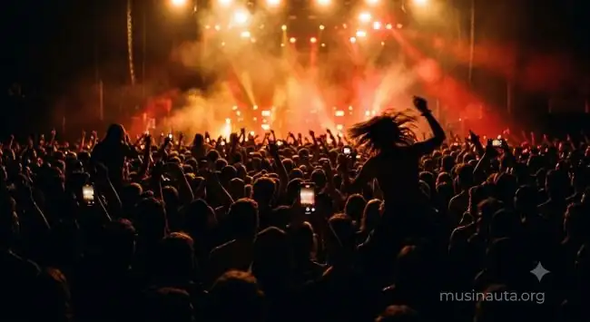 Siluetas de una multitud en un concierto nocturno bajo luces cálidas de escenario
