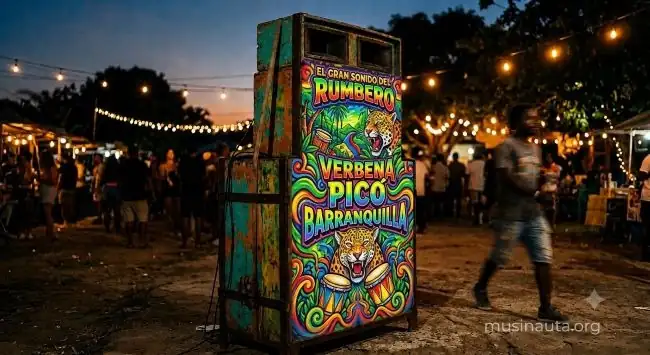 Picó tradicional pintado de colores vivos en una verbena callejera del Caribe colombiano