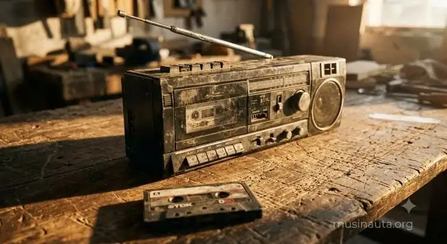 Radio portátil y cassette de los años ochenta sobre una superficie de madera