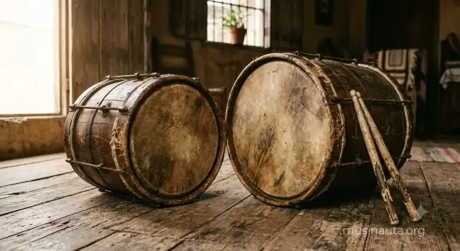 Tambores de bomba puertorriqueña de madera y cuero junto a baquetas sobre una superficie de tablones desgastados