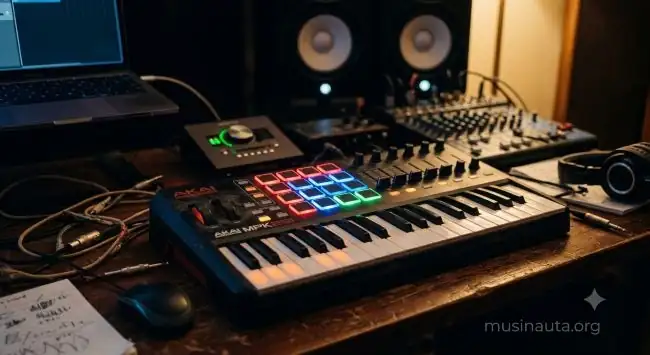 Teclado de producción musical con luces LED de colores sobre una mesa de estudio en penumbra