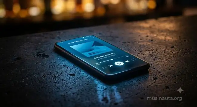 Teléfono inteligente mostrando pantalla de reproducción de música sobre superficie oscura