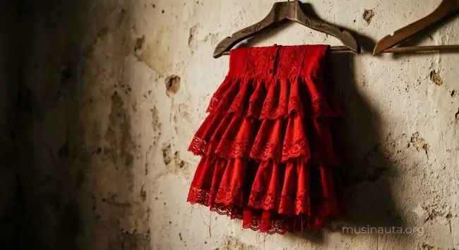 Detalle de un traje flamenco rojo con volantes de encaje colgado en un perchero de madera bajo luz cálida