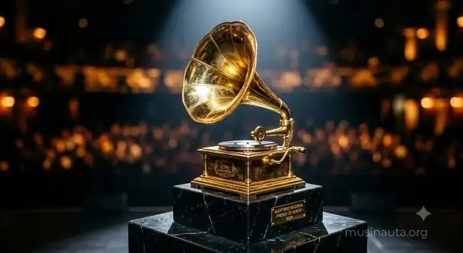 Trofeo dorado en forma de gramófono sobre pedestal con luz de escenario detrás
