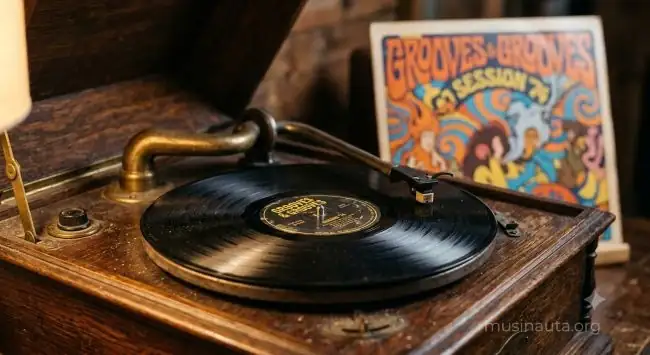 Disco de vinilo de salsa de los años setenta apoyado en una vitrola antigua junto a una funda ilustrada