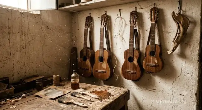 Instrumentos de son jarocho colgados en la pared de un taller de restauración con luz natural entrando por una ventana