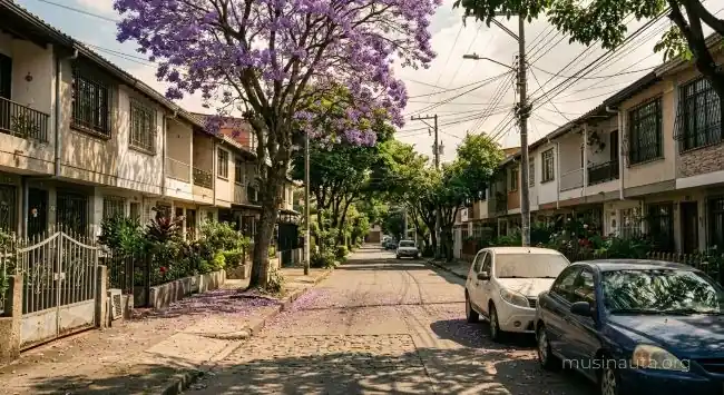 Calle residencial arbolada de un barrio de clase media en Medellín con casas de dos pisos y antejardines bajo luz de media mañana