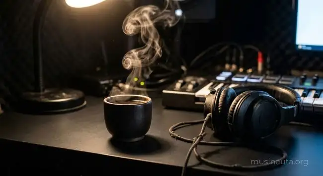 Taza de café negro humeante sobre una mesa de estudio junto a auriculares y un teclado controlador en penumbra