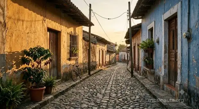 Calle empedrada de Coatepec, Veracruz, con fachadas coloniales y cafetos junto a las puertas al atardecer