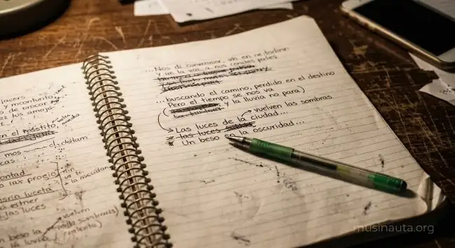 Cuaderno con letras de canciones manuscritas y tachaduras junto a un bolígrafo de tinta verde
