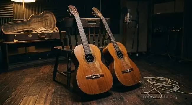 Dos guitarras acústicas clásicas apoyadas contra una silla de madera en un estudio de grabación iluminado tenuemente