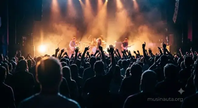 Siluetas del público con los brazos en alto ante un escenario iluminado con luces cálidas durante un concierto nocturno