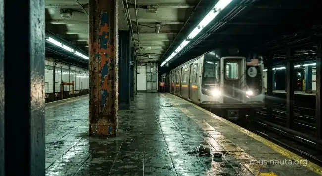 Andén de una estación de metro de Nueva York con un tren llegando y luces fluorescentes reflejadas en el piso mojado