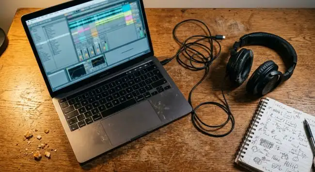 Mesa de mezcla y laptop encendida en un estudio casero pequeño durante la madrugada