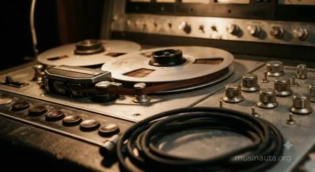 Carrete de cinta magnética girando en una consola de grabación analógica dentro de un estudio en penumbra