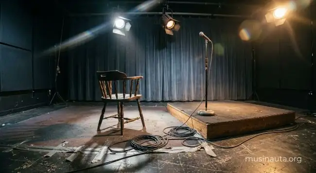Estudio de televisión vacío con luces de casting encendidas y una silla de jurado frente a un escenario vacío
