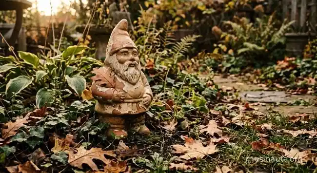 Figura decorativa vintage de jardín iluminada por luz cálida al atardecer en un patio trasero