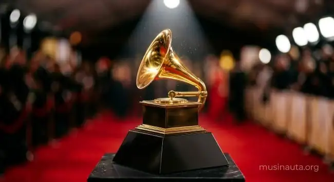Trofeo dorado de premiación musical sobre pedestal con fondo desenfocado de alfombra roja
