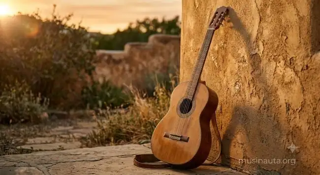 Guitarra acústica apoyada contra una pared con luz cálida de atardecer