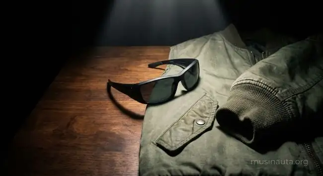 Lentes oscuros junto a una chaqueta verde bajo un haz de luz dura, símbolos de la estética Ferxxo