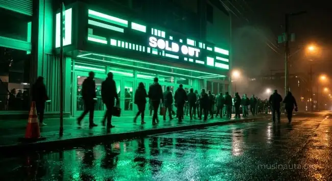 Marquesina de estadio iluminada en verde intenso de noche con una fila de asistentes en penumbra