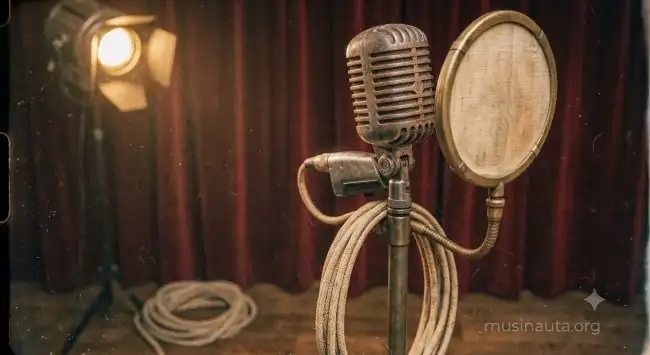 Micrófono de estudio de estilo vintage bajo una luz cálida lateral, evocando la era clásica del bolero mexicano