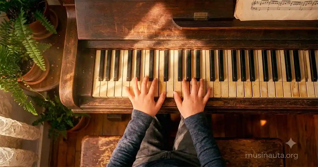Plano cenital de manos infantiles sobre las teclas de un piano vertical antiguo en una casa iluminada por la luz de la mañana