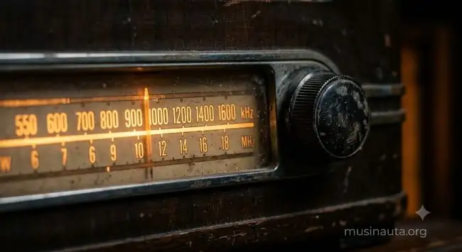 Radio antigua con dial iluminado sintonizando una emisora