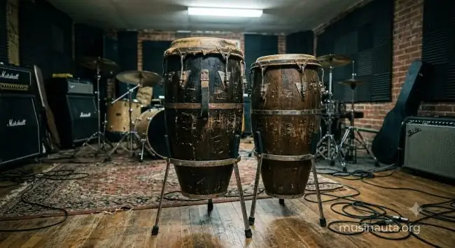 Set de tambores conga en un estudio de ensayo de salsa