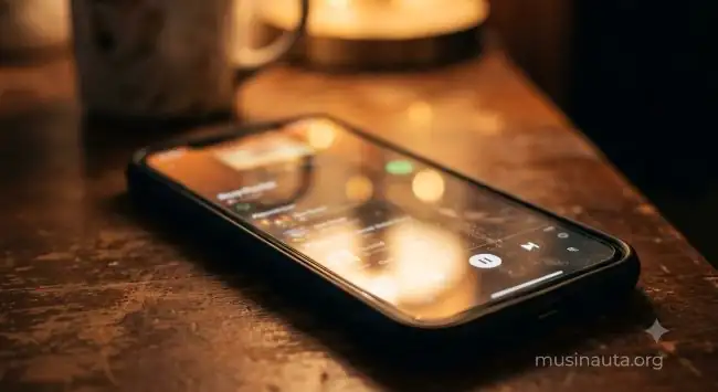 Pantalla de teléfono mostrando una lista de reproducción de música latina, desenfocada