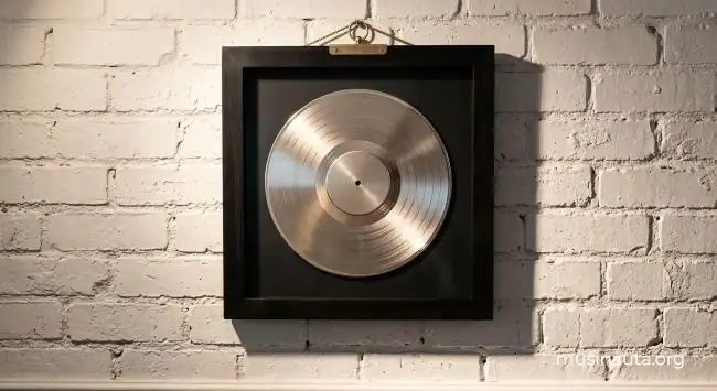 Disco de platino enmarcado colgado en la pared de un estudio de grabación con luz cálida lateral
